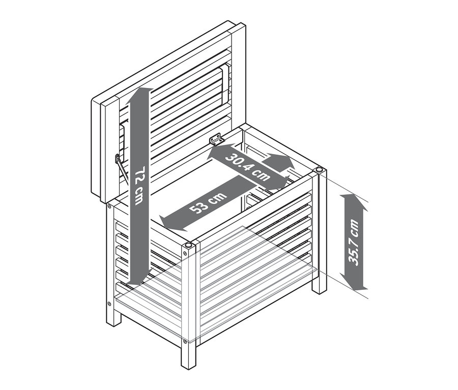 Abbildung einer Massivholz-Sitztruhe mit Kissen und Maßangaben.
