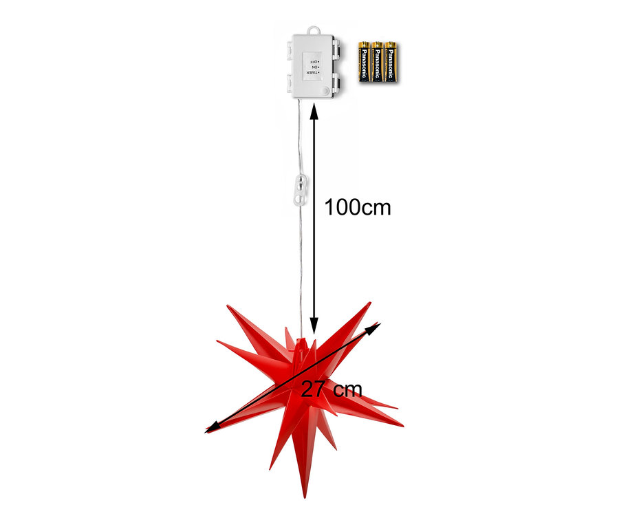 Ein roter AMARE LED-Stern mit 27 cm Durchmesser hängt vor einem weißen Hintergrund. Darüber befinden sich eine weiße Box mit Schalter und drei Batterien.
