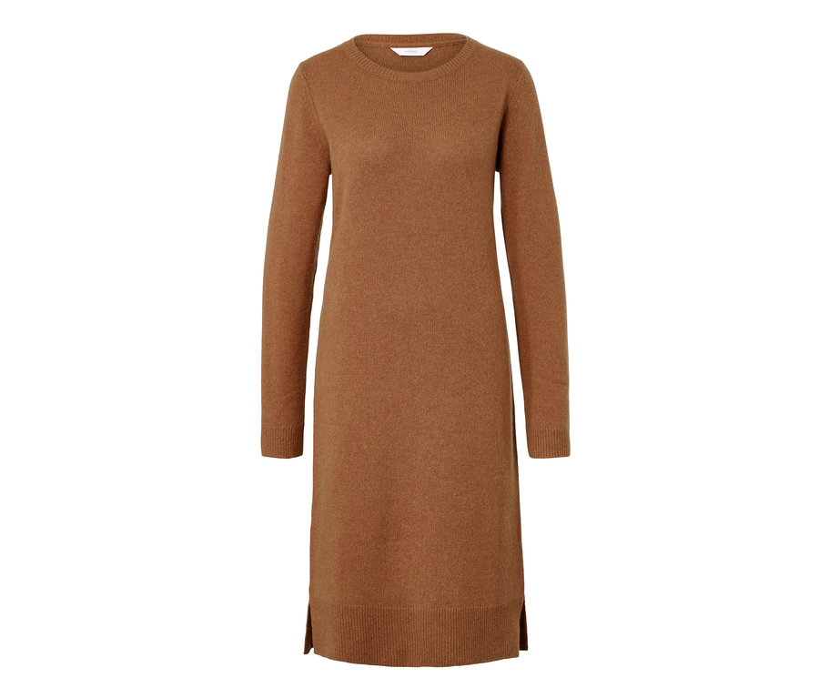Braunes, gestricktes Woll-Cashmere-Kleid mit langen Ärmeln.