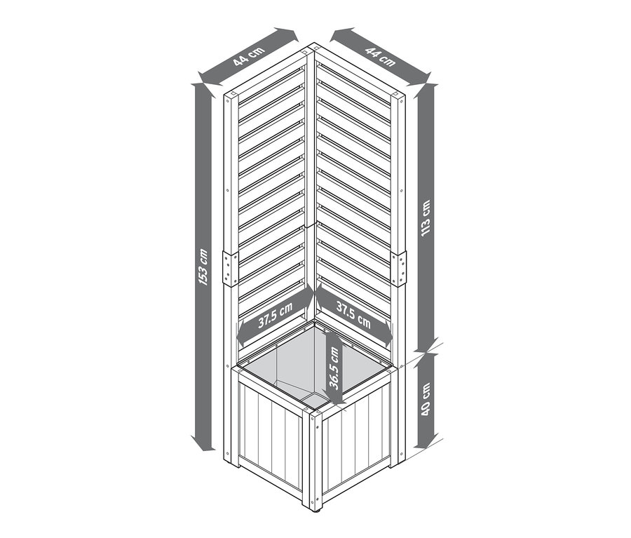 Abbildung des Sichtschutz-Eck-Moduls »Elin« mit Pflanzkasten und den dazugehörigen Maßen.