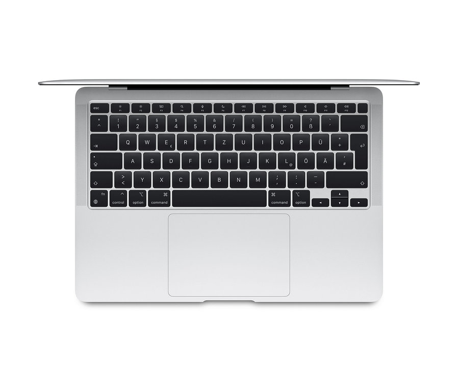 Detailansicht von oben eines silberfarbenen Apple Macbook Air Retina 13", 2020.