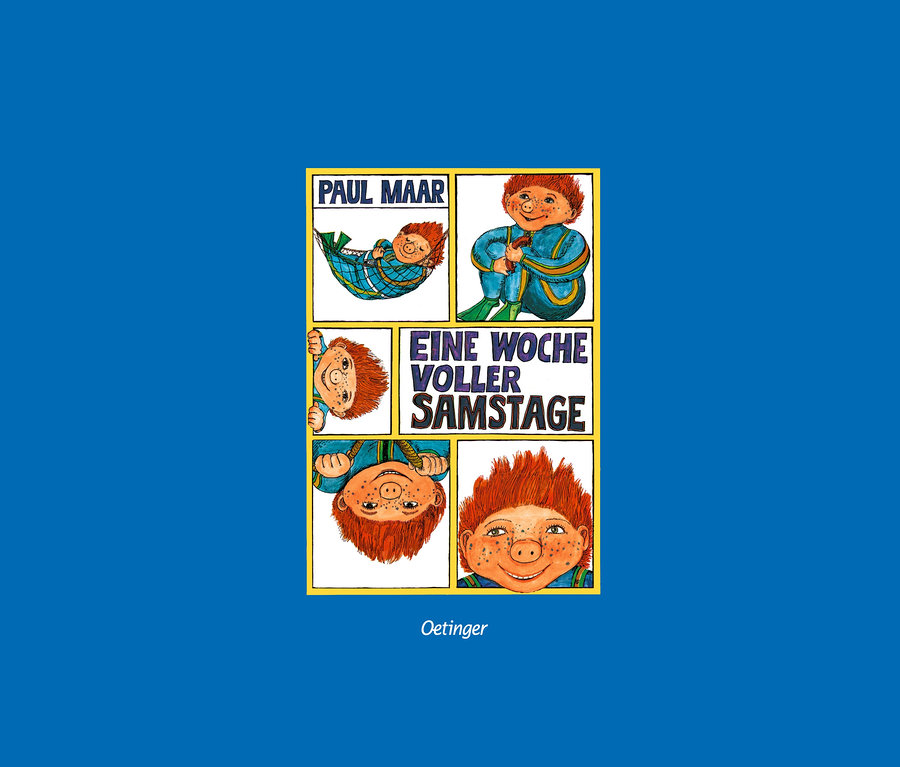 Das Buch-Set »Mein Kinderbuchhaus« zeigt das Cover von 'Eine Woche voller Samstage' von Paul Maar mit sechs Illustrationen eines rothaarigen Jungen mit Sommersprossen.