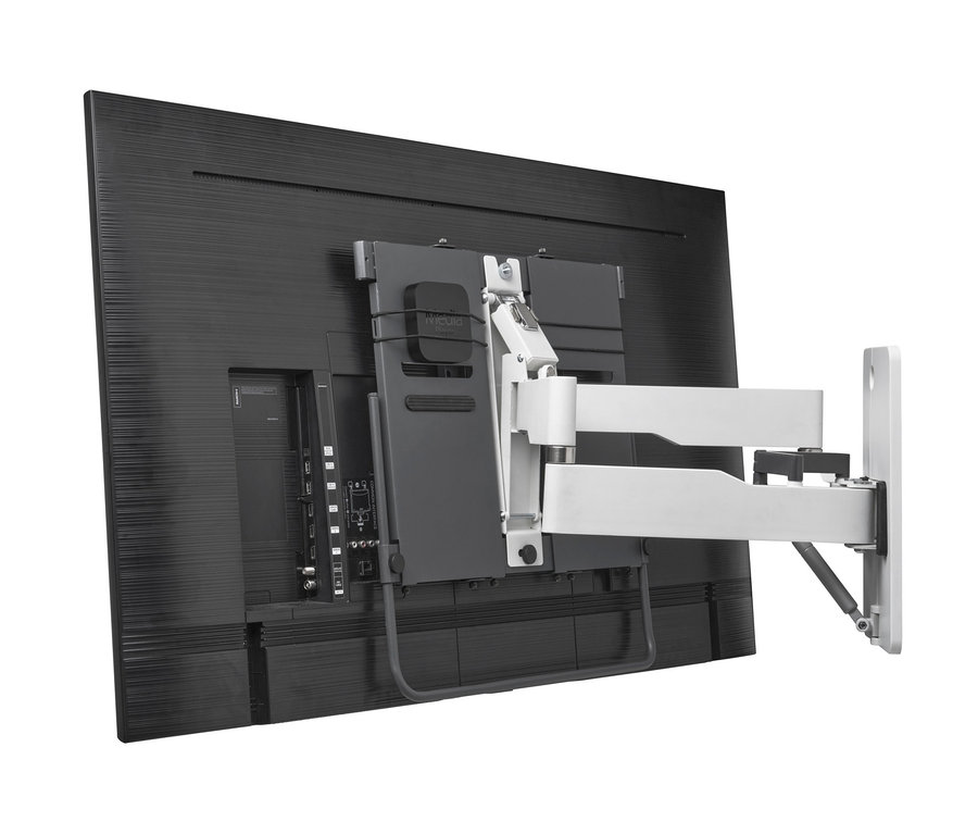 Ein schwarzer Fernseher ist an einer weißen Wandhalterung befestigt. Zu sehen ist die ONE FOR ALL Wandhalterung »WM6482 FLUX 2.0« für 32"–77".
