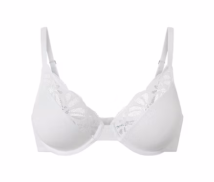 Detailaufnahme eines weißen Bügel-BHs mit Spitze.
