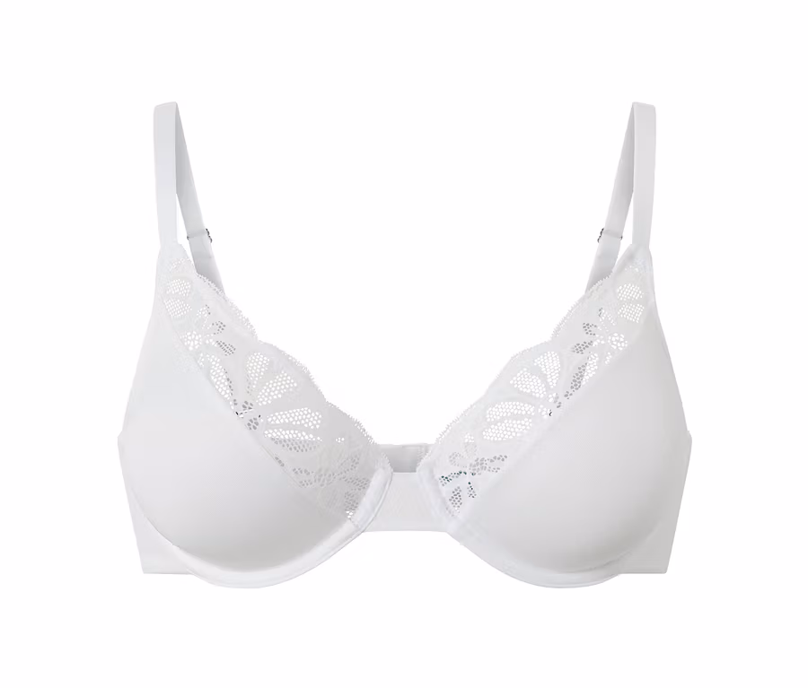 Detailaufnahme eines weißen Bügel-BHs mit Spitze.