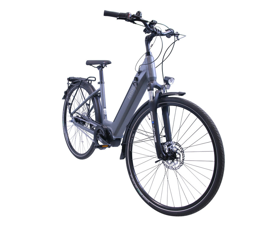 Graues HAWK Bikes E-Bike Damen "eCity Wave Integrated Lady STEPS" mit 28 Zoll und 44-cm-Rahmen.