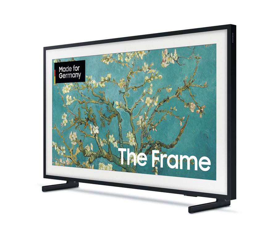 Ein schwarzer Samsung »The Frame GQ32LS03CBUXZG« QLED-Smart-TV, 32 Zoll, zeigt ein Gemälde eines blühenden Baumes.