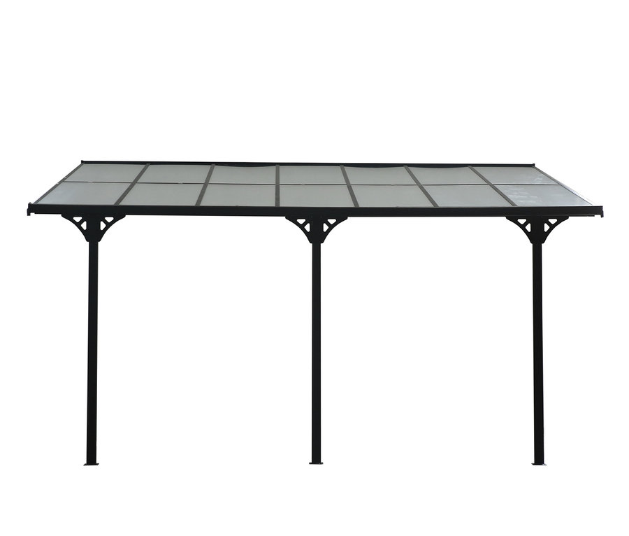 Eine anthrazitfarbene Terrassenüberdachung mit einer Breite von ca. 435 cm.