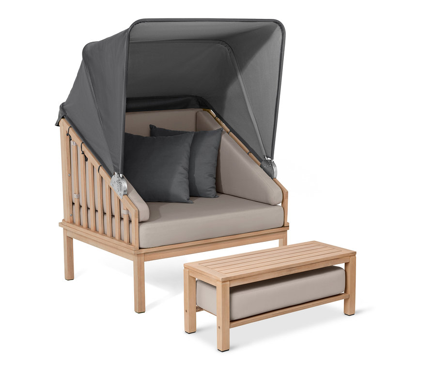 Premium-Lounge-Strandkorb mit Sonnenschutz-Dach und Fußteil.