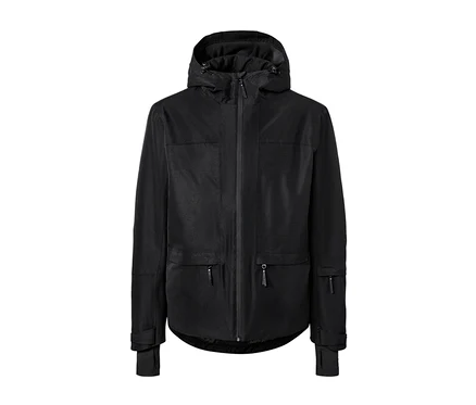 Schwarze Skijacke mit Kapuze, Reißverschlusstaschen und langen Ärmeln.