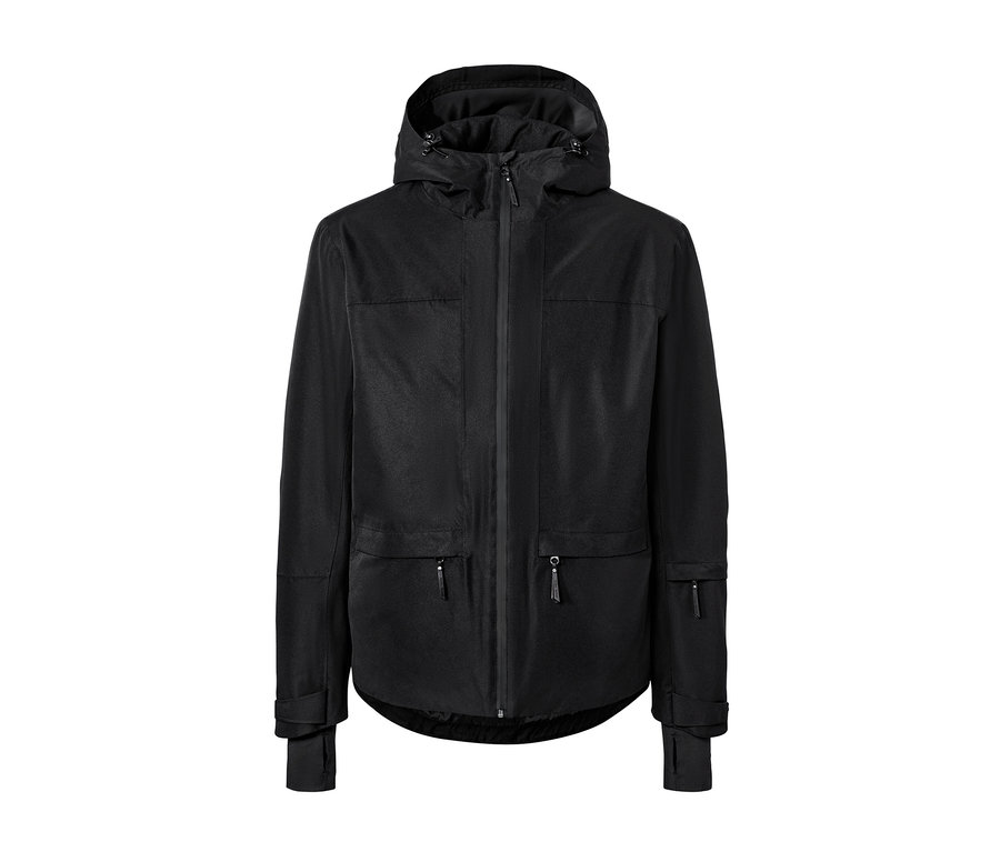 Schwarze Skijacke mit Kapuze, Reißverschlusstaschen und langen Ärmeln.