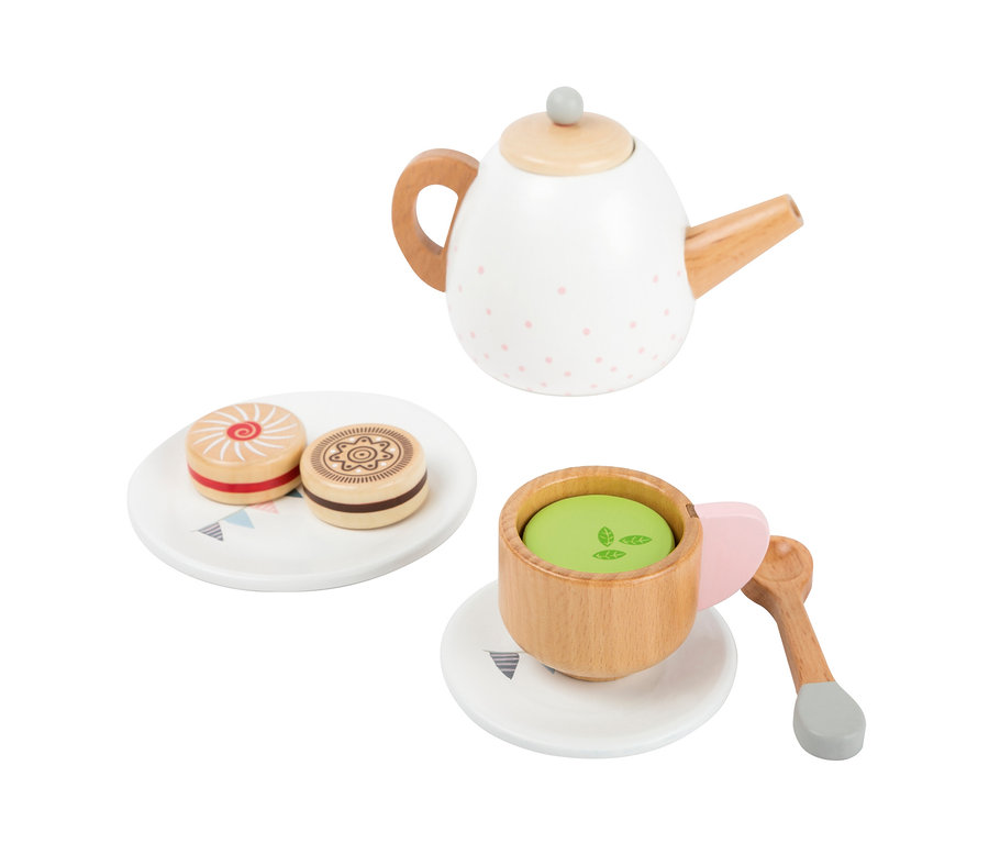Holz-Teeservice mit Kanne, Tasse, Löffel und zwei Keksen auf einem Teller, von small foot Kinderküchen-Teeservice.