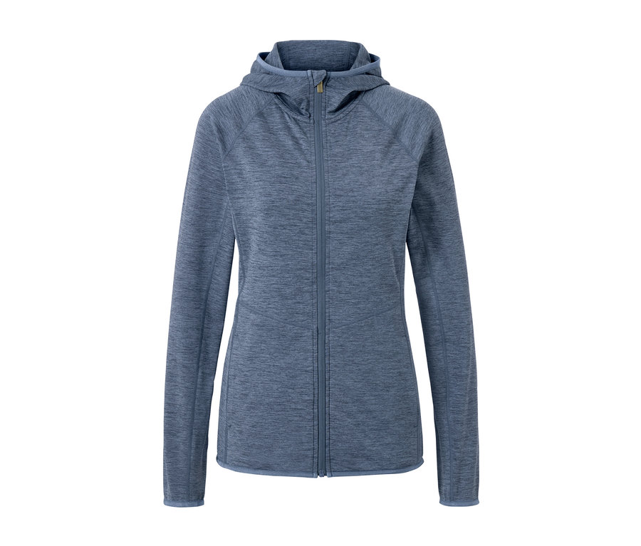 Blaue melierte Sportjacke mit Reißverschluss und Kapuze.