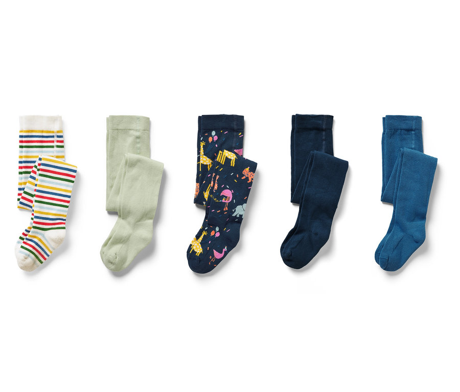 Fünf Paar Kinder-Strumpfhosen in verschiedenen Farben und Mustern.