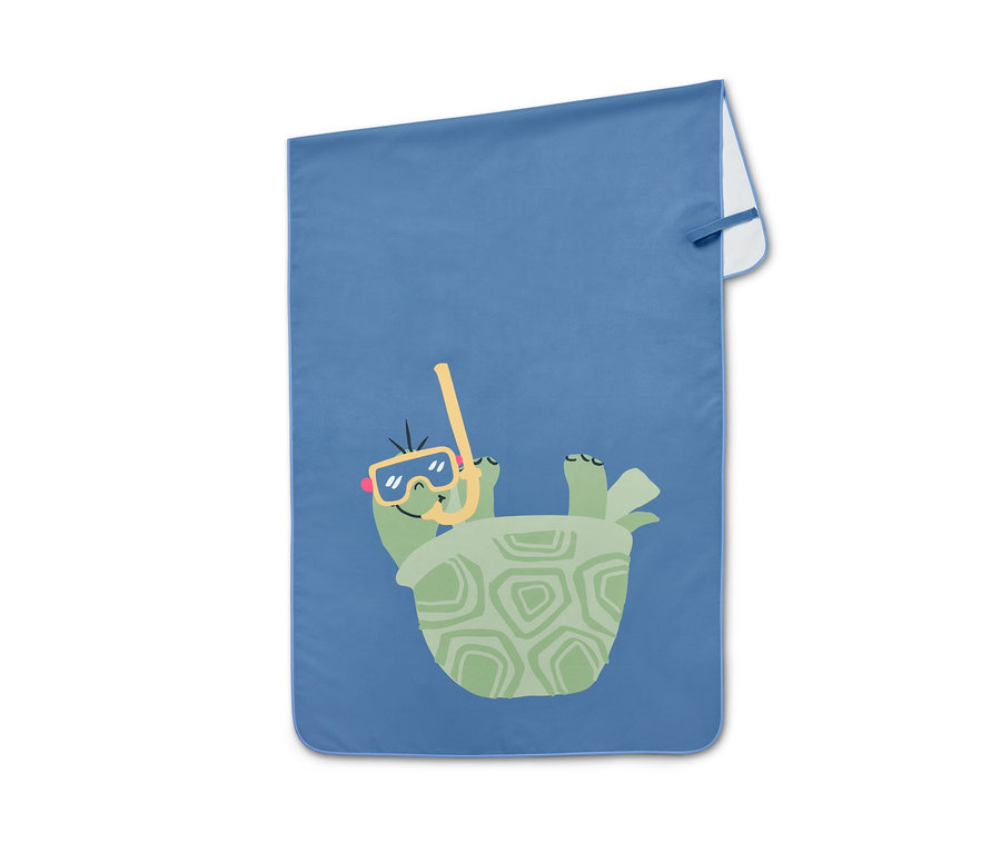 Blaues Kinder-Microfaserhandtuch mit Schildkrötenprint, Brille und Schnorchel.