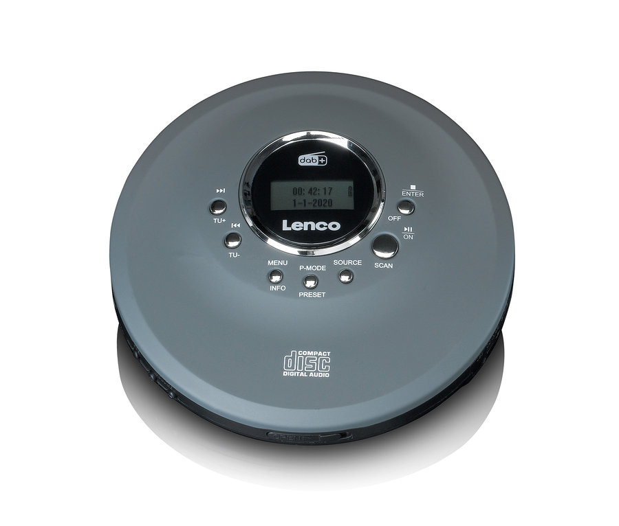 Grauer Lenco Tragbarer CD-/MP3-Player mit DAB+/FM-Radio, Modell 400GY, von oben gezeigt.