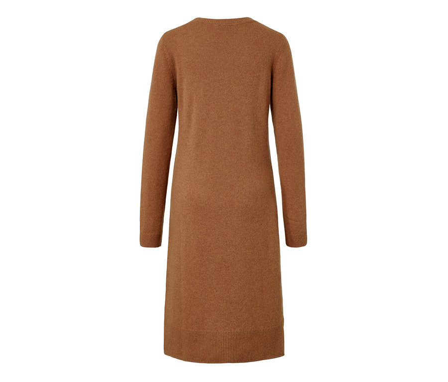 Rückansicht eines braunen, langärmeligen Premium Woll-Cashmere-Strickkleids.