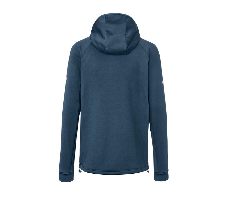 Rückansicht einer blauen Thermojacke mit Kapuze.