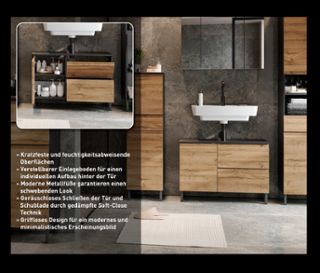 Badezimmer mit Waschbecken, Spiegel und Schränken in Grau- und Holztönen. Waschbeckenunterschrank »Salinas«, groß, graphit/eiche.
