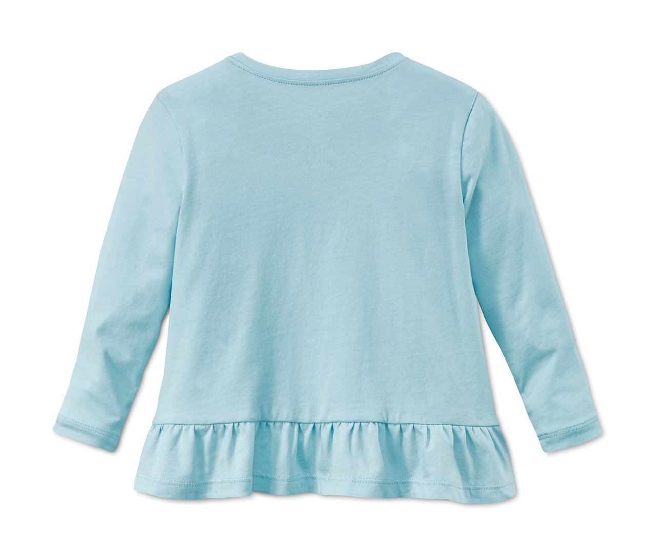 Ein hellblaues Langarmshirt aus Bio-Baumwolle mit Rüschensaum.