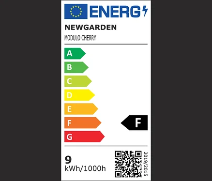 Energieetikett Newgarden Modulo Cherry, Klasse F, Verbrauch 9 kWh/1000h.