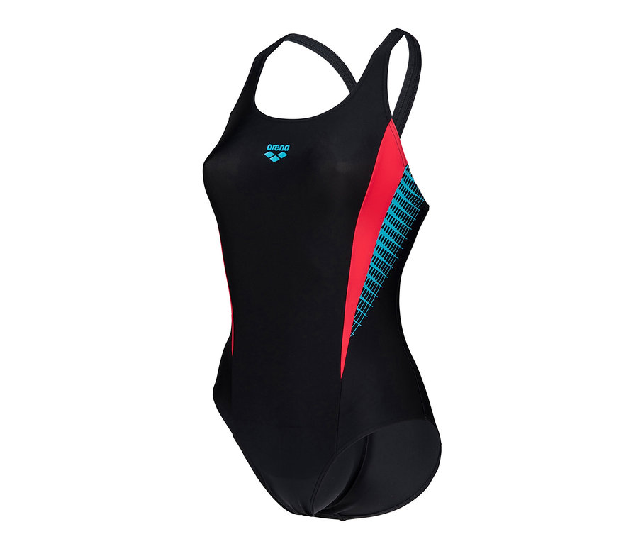 Schwarzer Arena Sport-Badeanzug mit roten und blauen Details.