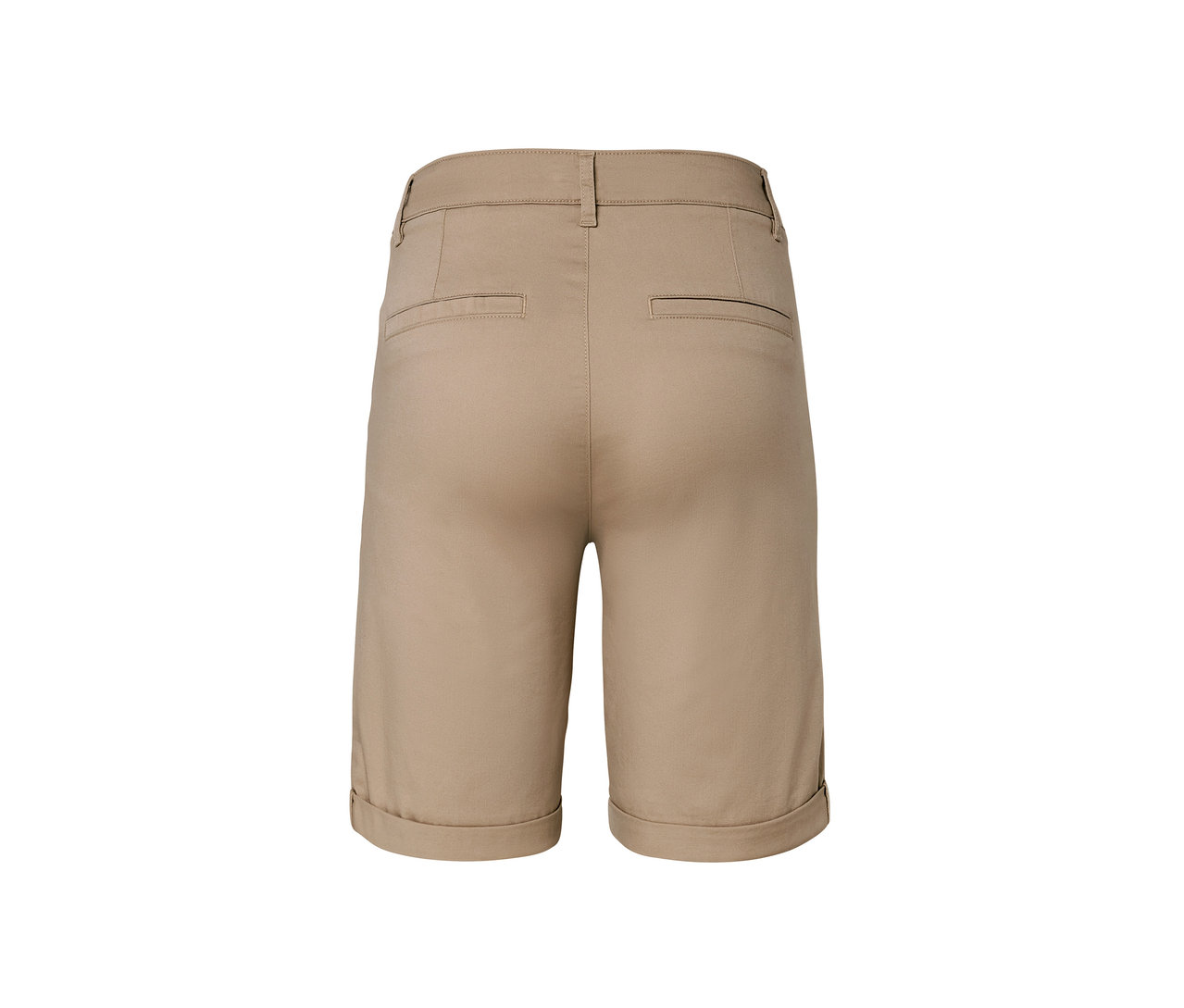 Nahaufnahme der Rückseite von beigen Chino-Shorts.