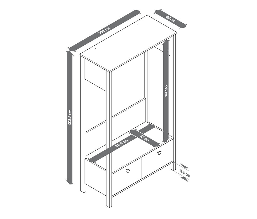 Abbildung einer Garderobe mit großen Schubladen und Größenangaben.