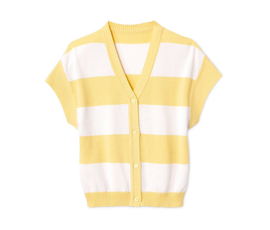 Gelb-weiss gestreifte Strickjacke mit kurzem Arm.