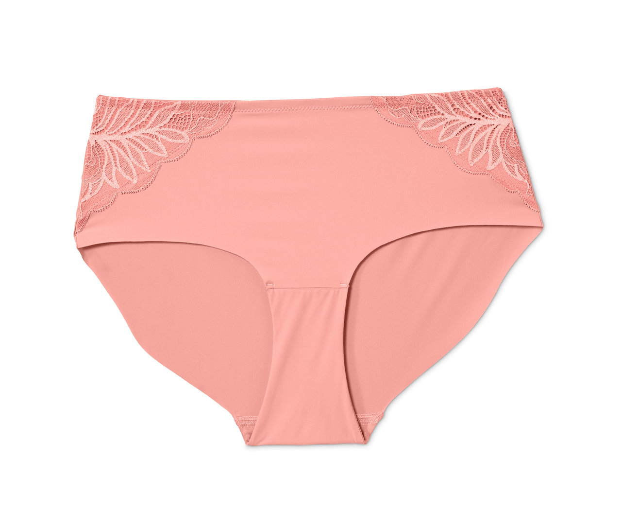 Nahaufnahme eines einzelnen, pfirsichfarbenen »Magic Cut« Pantys mit Spitze.