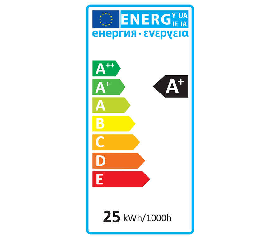 Energielabel mit den Klassen A++ bis E und einem Verbrauch von 25 kWh/1000h.