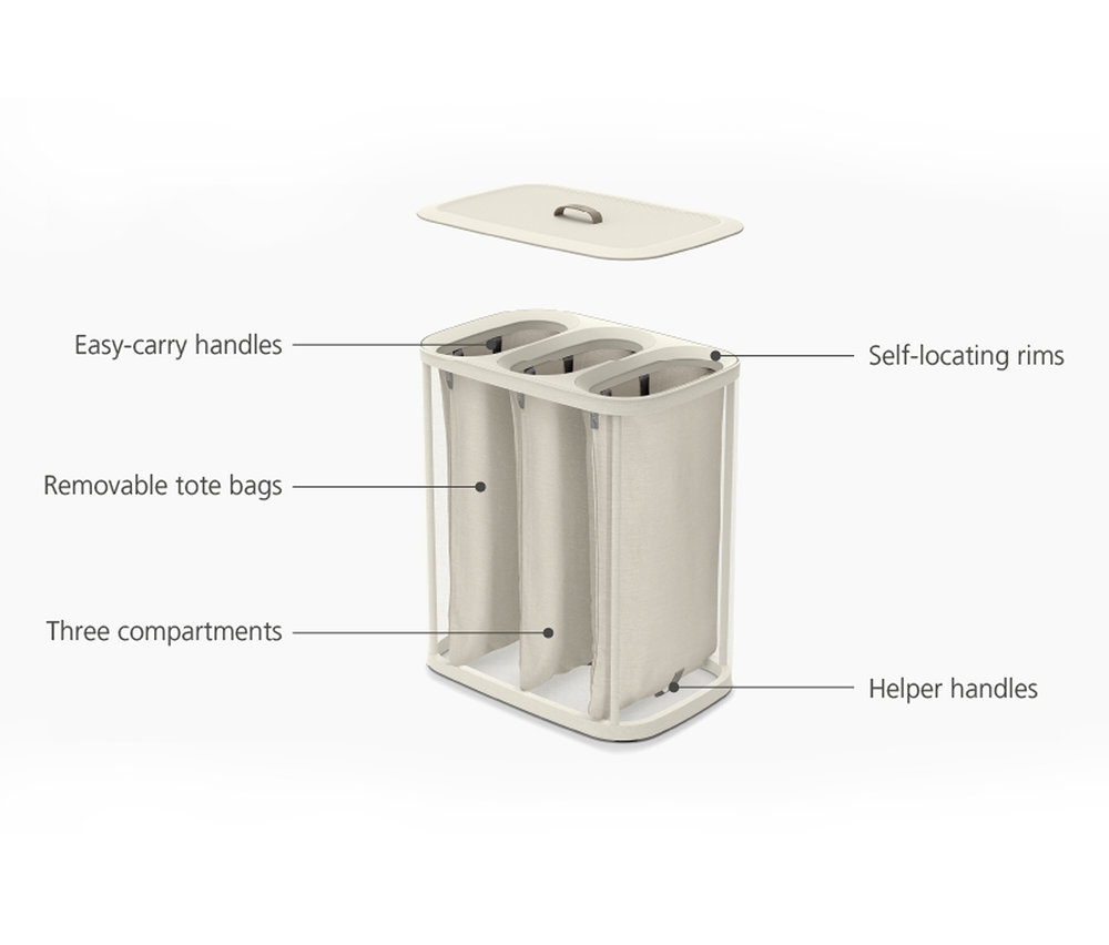 Joseph Joseph »Tota Trio«, 90 l Wäschetrenner mit drei Fächern und herausnehmbaren Tragebeuteln.