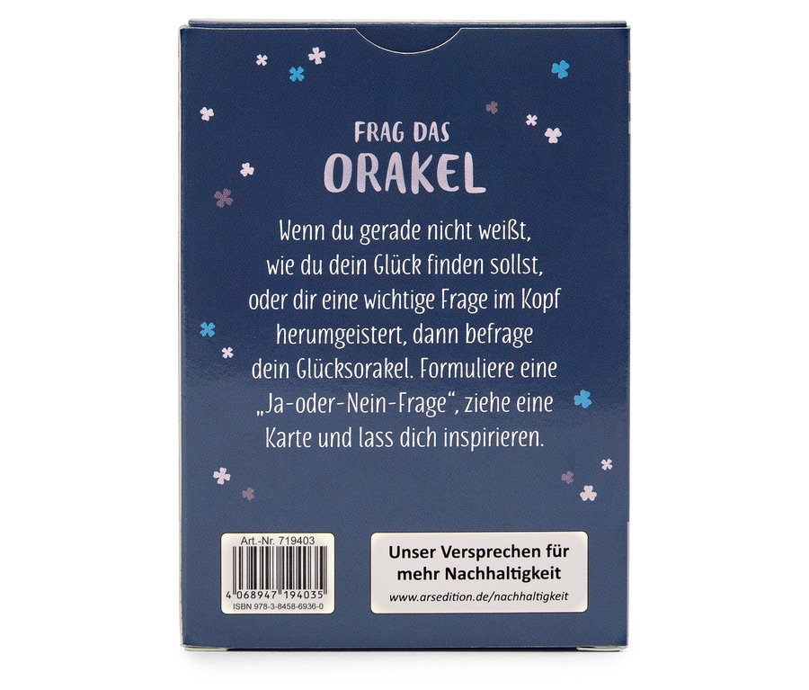 Eine Schachtel mit einem Kartenspiel namens „FRAG DAS ORAKEL“ mit deutschem Text.