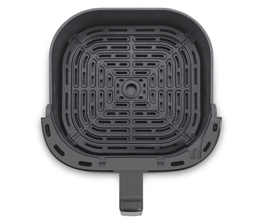 Detailaufnahme von oben in das Innere einer leeren Fritteuse.