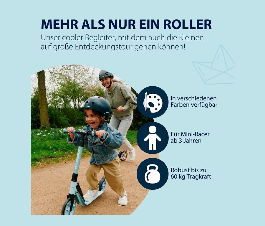 Ein Kind und eine Frau fahren mit HUDORA BigWheel 180 Advanced Junior Rollern auf einem Weg.