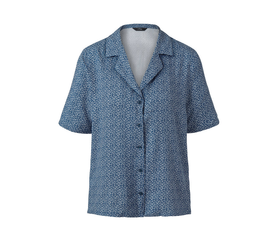 Blaues 3/4-Pyjama-Oberteil mit Kurzarm und Muster.