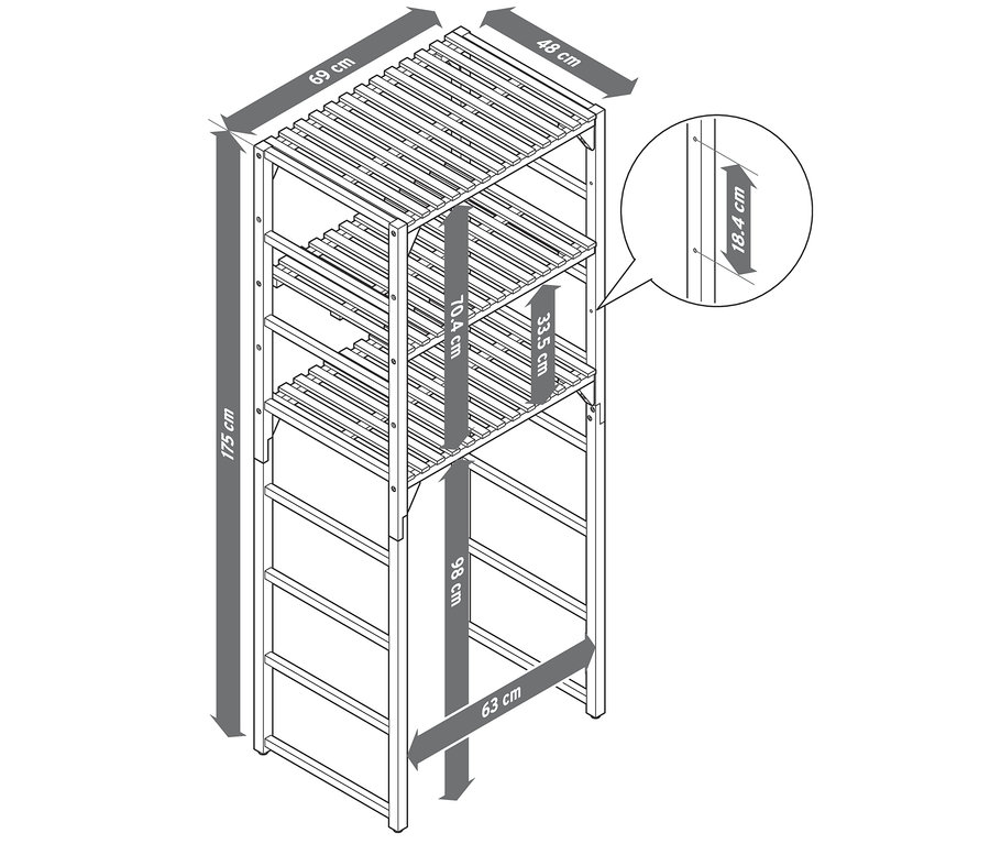 Illustration eines Holzregals mit drei Regalböden und hervorgehobenen Abmessungen.