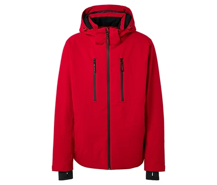 Rote Jacke mit Kapuze und schwarzen Reißverschlüssen.