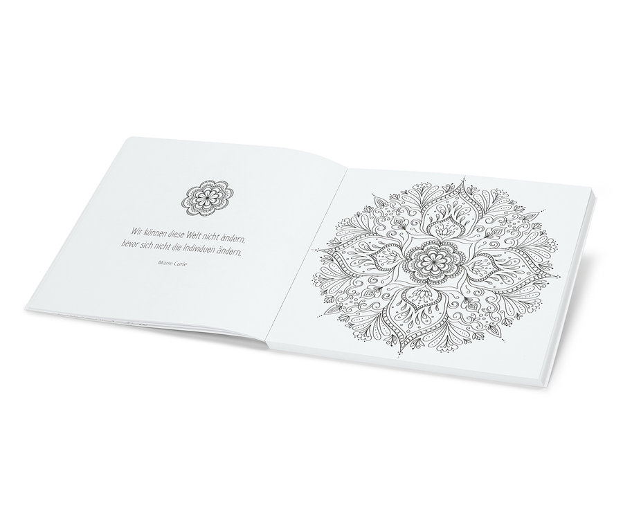 Offenes Buch mit Mandala-Illustration und Zitat von Marie Curie.