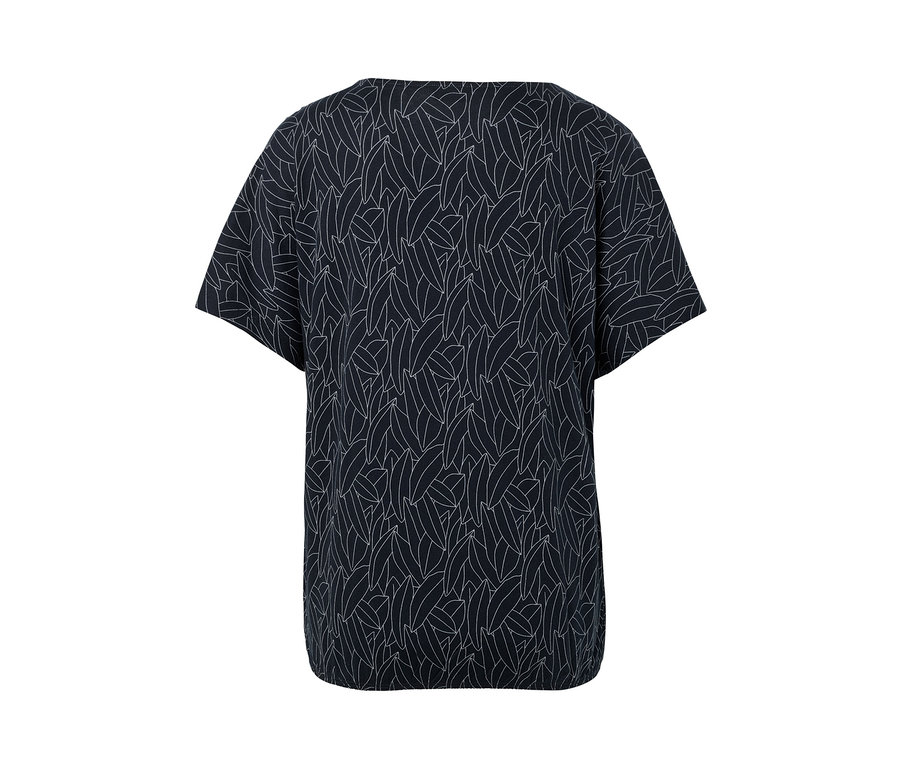 Dunkelblaues, überschnittenes Blusenshirt mit weißem Blattmuster.