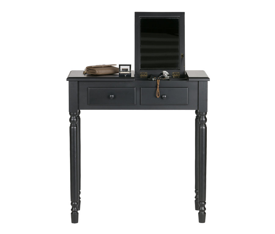 Schwarzer Woood Frisiertisch »Romy« aus Kiefernholz mit hochgeklapptem Spiegel und Accessoires.