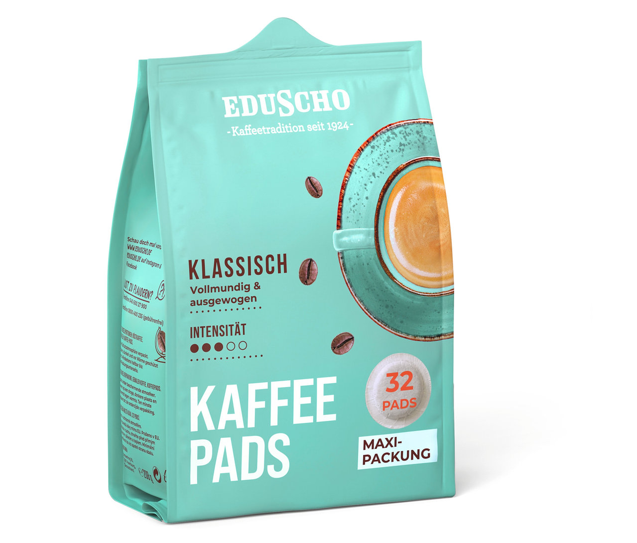 Eine Packung Eduscho Kaffeepads Klassisch mit 32 Stück. Auf der Packung ist eine Tasse Kaffee abgebildet.