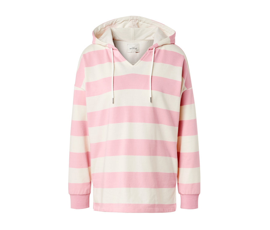 Gestreifter Hoodie in Rosa und Weiß.