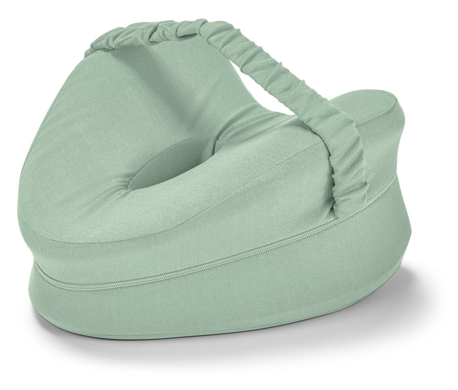 Ein mintgrünes ergonomisches Kniekissen für Seitenschläfer mit Reißverschluss und Tragegriff.
