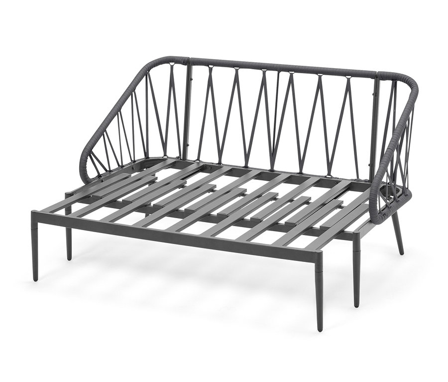 Ein auseinandergezogenes graues ausziehbares Lounge-Sofa mit Lattenrost.