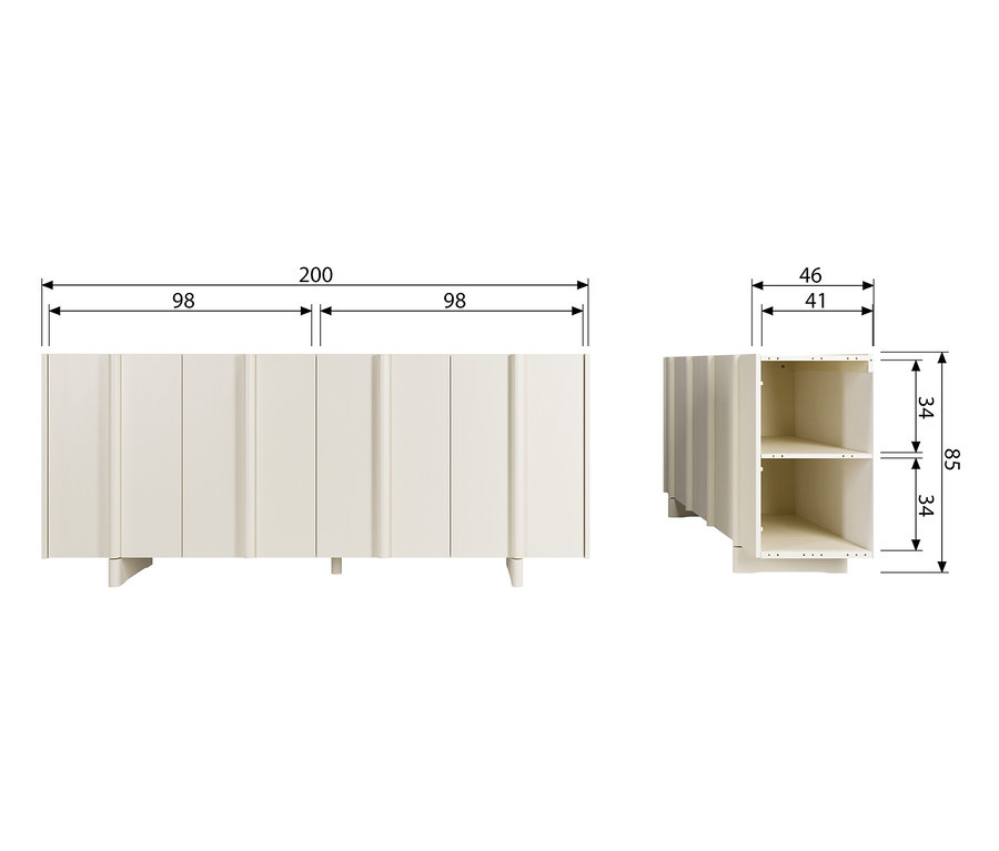 Abbildung des Woood Sideboards »Basu« Kiefer Dust mit Maßangaben.