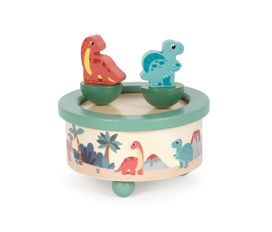 Draufsicht auf eine small foot Spieluhr »Dino«. Auf der Oberseite befinden sich zwei Dinosaurierfiguren.