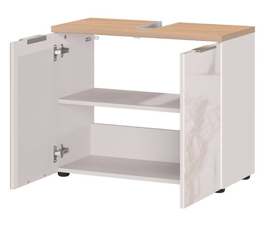 Waschtischunterschrank in Weiß mit offener Tür und hellbrauner Platte mit Aussparung für Waschbecken.