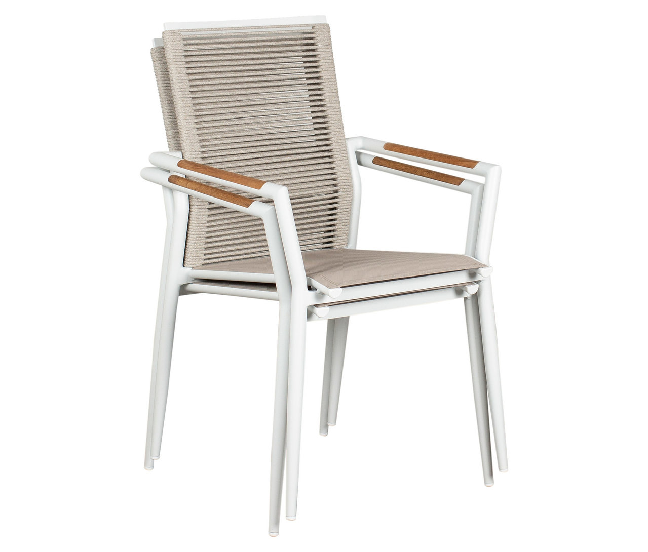 Ein DeVries Stapelstuhl, 2er-Set, Teil eines DeVries Dining-Sets, mit weißem Rahmen, gestapelt.