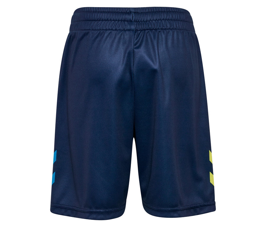 Rückansicht von marineblauen Shorts mit hellblauen und gelben Akzenten.